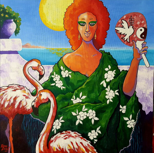 501 La dama de los abanicos y flamencos Acrílico sobre lienzo 60x60 cm