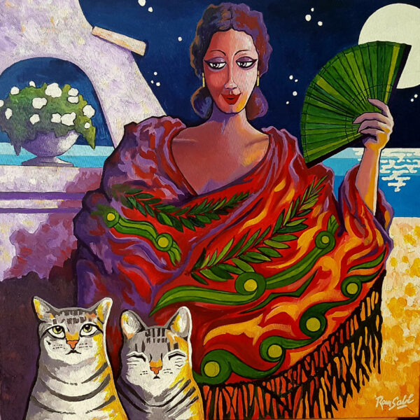 505 La dama de las dos luces con sus gatitos Acrílico sobre lienzo 60x60 cm