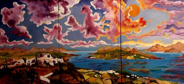 508 Paisaje ideal de Menorca Acrílico sobre 3 lienzos Total 150x60x3 cm