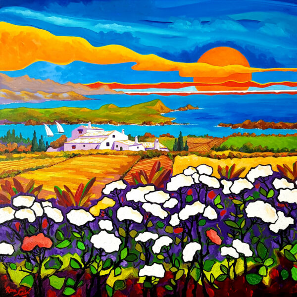 605. # Paisaje de Menorca con flores blancas Acrílico sobre lienzo 70x70x3,5 cm