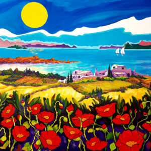 606. # Paisaje de Menorca con flores rojas Acrílico sobre lienzo 70x70x3,5 cm