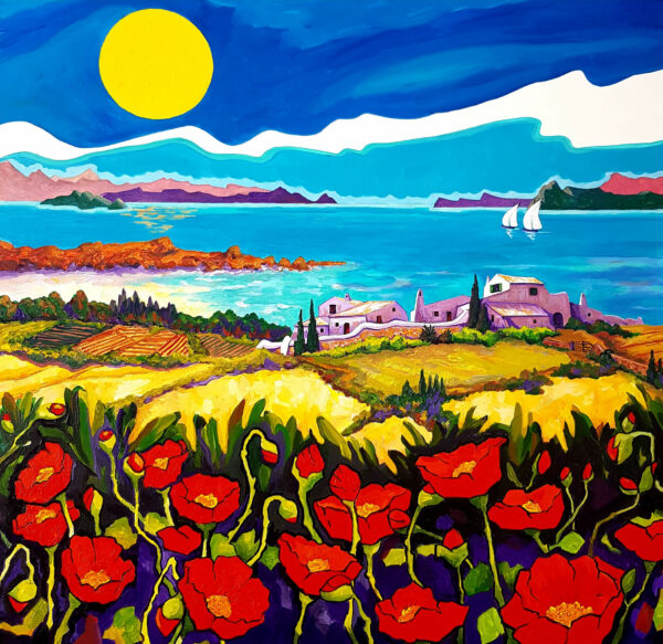 606. # Paisaje de Menorca con flores rojas Acrílico sobre lienzo 70x70x3,5 cm