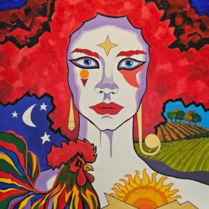 639. Red-haired woman with rooster and stars