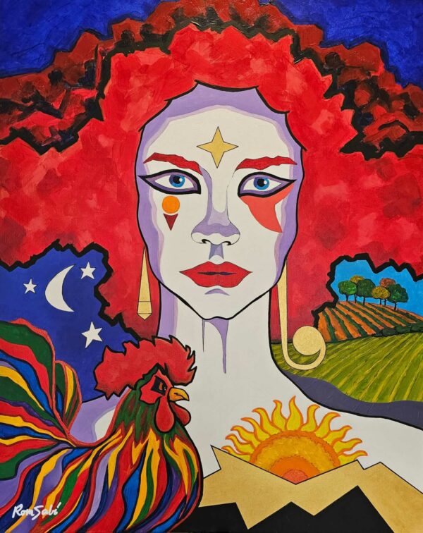 639. Red-haired woman with rooster and stars