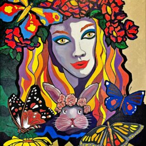 640. Blonde woman with butterflies and bunny