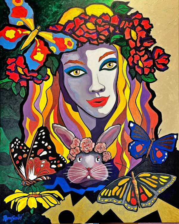 640. Blonde woman with butterflies and bunny